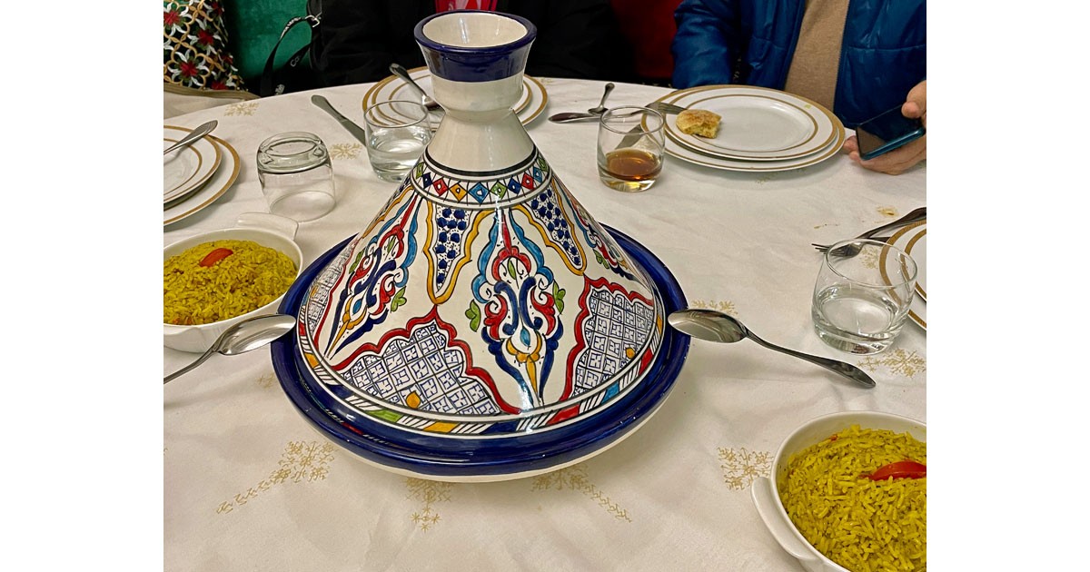 A colorful tajine pot of chicken with lemons and olive that was part of our dinner with a local family in Fez.-@BarbaraRedding