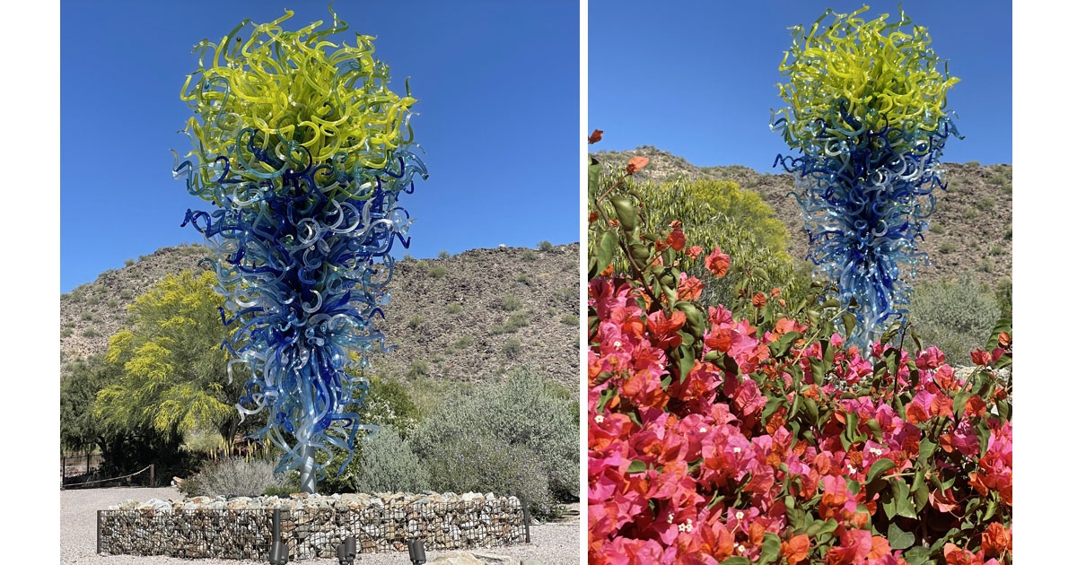 Chihuly's Marine Blue and Citron Tower at the Garden Squares