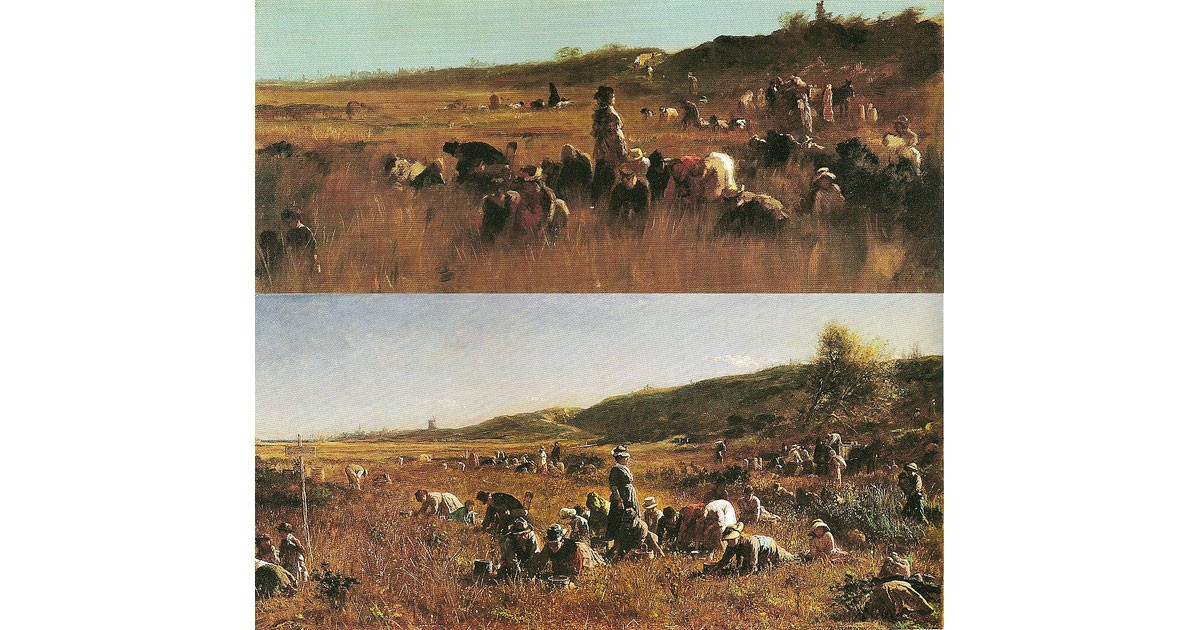 Comparison of Cranberry Pickers, Nantucket (1879) and The Cranberry Harvest, Island of Nantucket (1880) - Eastman Johnson