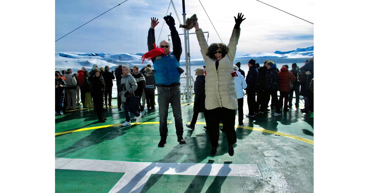 Jumping for joy on the helipad of the Celebrity Infinity Cruise Ship - 2013