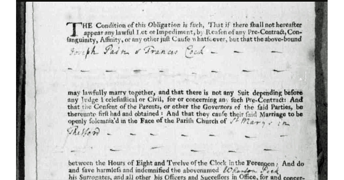 Joseph Pain and Frances Cock Marriage License