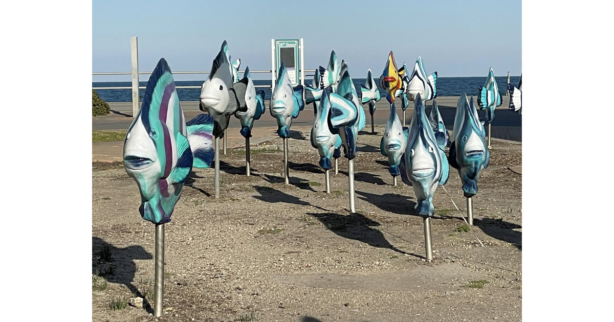 Nautical sculptures along the boardwalk.