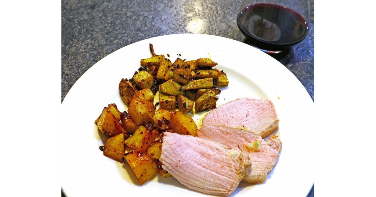 Roast Pork Loin with Sauteed Melissa's Chayote and Roasted Melissa's Baby Russet Potatoes