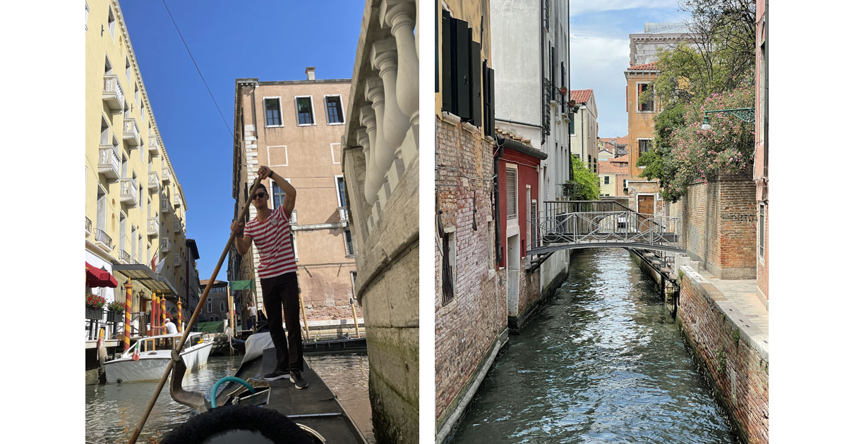 A Gondolier and the charming canals of Venice.