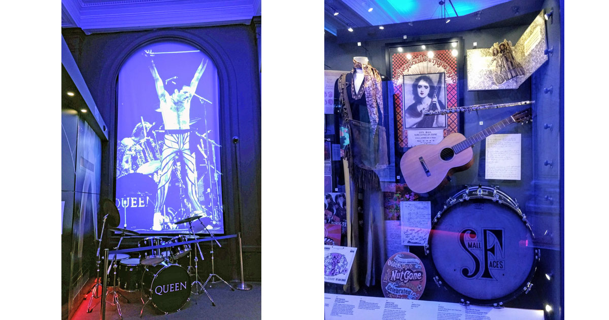 Freddy Mercury and Roger Taylor's drum kit & Hendrix, Faces, & Tull -at the British Music Experience